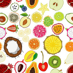 Seamless pattern with exotic fresh fruits.
