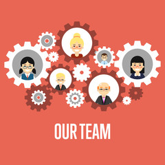 Smiling people characters in round gear icons on red background. Our team banner, vector illustration. Concept of teamwork building working system of cogwheels. Collaboration and partnership