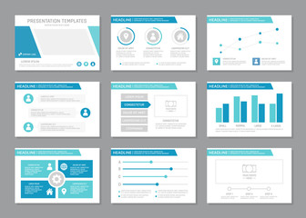 Set of blue template for multipurpose presentation slides with graphs and charts. Leaflet, annual report, book cover design.