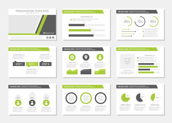 Set of green and gray template for multipurpose presentation slides with graphs and charts. Leaflet, annual report, book cover design.