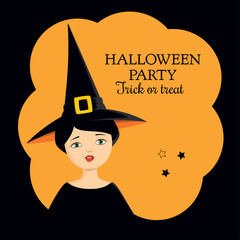 Invitation to Halloween party. Colorful vector illustration of a girl in a witch costume making funny grimace, showing her tongue. Square format, orange background.