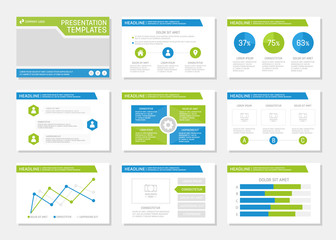 Set of blue and green template for multipurpose presentation slides with graphs and charts. Leaflet, annual report, book cover design.