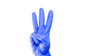 Obraz premium Hand in blue glove isolated on white showing number three.