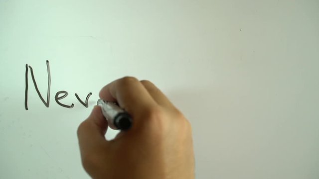 Hand writing title "Never give up" using a black marker on a white board