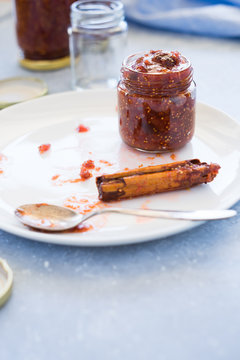 Homemade fig jam in small jars. Selective focus, copy space.