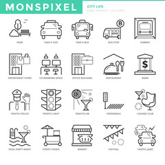 Flat thin line Icons set of City life. Pixel Perfect Icons. Simple mono linear pictogram pack stroke vector logo concept for web graphics.