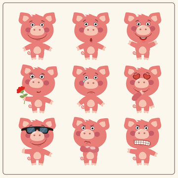 Vector set isolated emotion pig. Collection cute pig in cartoon style.