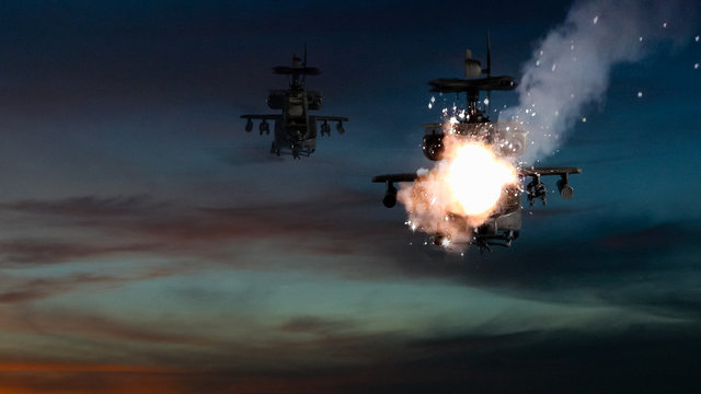 Military gunships being hit by missile and exploding