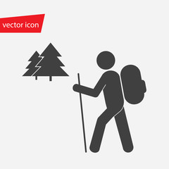 Vector icon of hiker with backpack against the background of fir trees