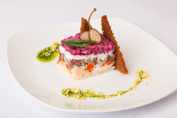 herring under a fur coat from beetroot