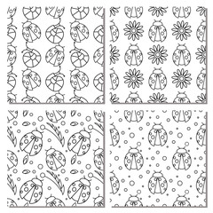 Sey of seamless vector  patterns with insects, different black and white backgrounds with ladybugs, flowers, leaves. Graphic vector illustrations. Series - sets of seamless vector patterns.