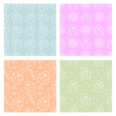 Sey of seamless vector  patterns with insects, different colorful backgrounds with ladybugs, flowers, leaves. Graphic vector illustrations. Series - sets of seamless vector patterns.
