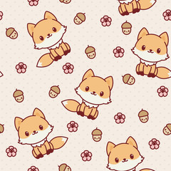 Kawaii fox seamless wallpaper. Vector pattern.