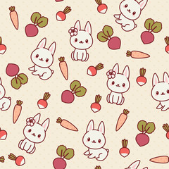 Fototapeta premium Kawaii seamless pattern with bunnies and vegetables