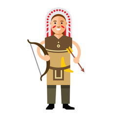 Vector Indian with bow and arrow. Flat style colorful Cartoon illustration.
