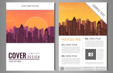 Brochure flyer design template. Leaflet cover presentation with flat city landscape background. Layout in A4 size. Vector