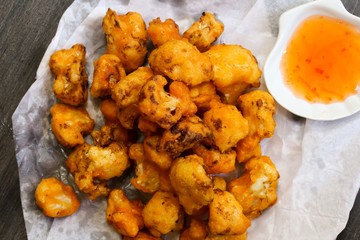 batter fried cauliflower florets, selective focus
