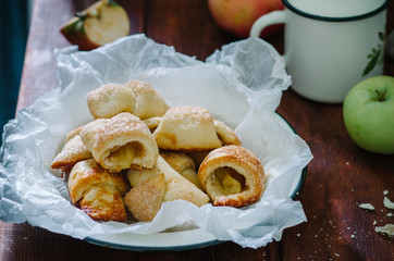 Breakfast with small homemade croissants in rustic style