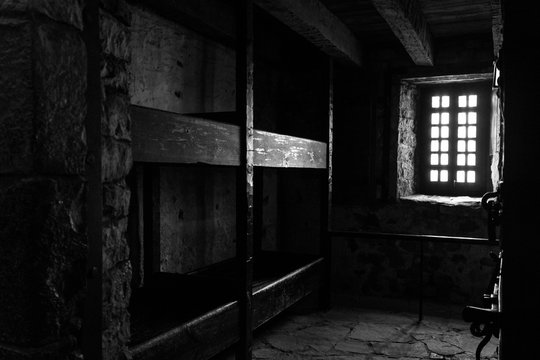 Dark interior castle room in black and white