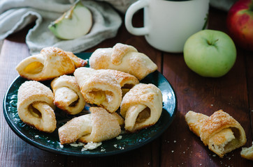 Breakfast with small homemade croissants in rustic style