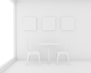 Fototapeta premium Mock up white frame for advertising at the dining room, 3D render and white isolated