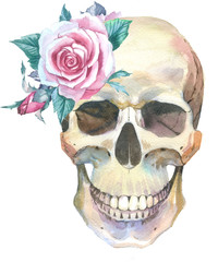 Watercolor tattoo concept with skull element isolated. Tattoo sketch art concept with wildflowers on it. Could be used for tattoo, sticker, background, texture, pattern, frame or border.