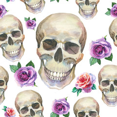 Watercolor tattoo concept pattern with skull element isolated. Tattoo sketch art concept with wildflowers on it. Could be used for tattoo, sticker, background, texture, pattern, frame or border.