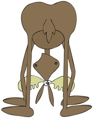 Illustration of a bull moose with its head down looking backwards between its legs.