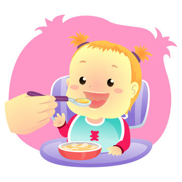 Vector Illustration of Little Baby Girl eating eating Soup