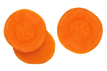 Slices of juicy carrots on a white background.