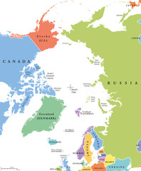 Obraz premium Arctic region single states and North Pole political map. Nations in different colors, with national borders and country names. Arctic ocean without sea ice. English labeling and scaling. Illustration