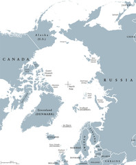 Arctic region countries and North Pole political map with national borders and country names. Arctic ocean without sea ice. English labeling and scaling. Illustration.