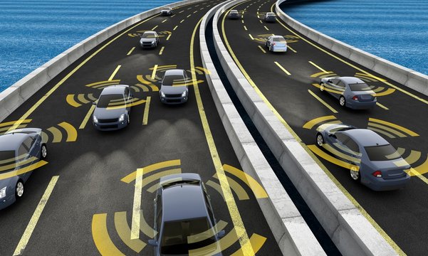 Autonomous cars on a road with visible connection