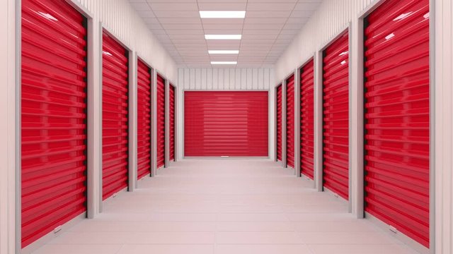 Corridor full of storage units with red door and siding panels on walls. Fly through animation with mask included.