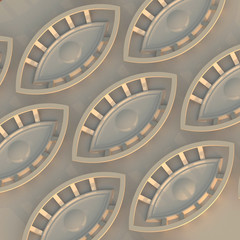 3d illustration. 3d white texture, based on repeat of stylized forms of open eyes. Warm orange  light.