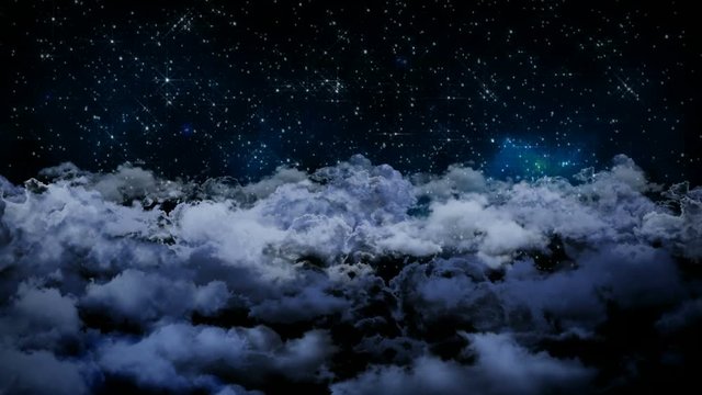 Seamless 3d animation of aerial view of cloudy night sky with clouds and star light falling with camera moving in night scene skyscape background in 4k loop