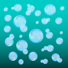 Bubbles in water on blue background horizontal seamless pattern. Circle and liquid, light design, clear soapy shiny, vector illustration