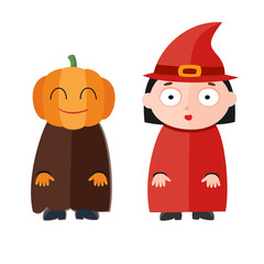 Vector illustration of cute kids wearing halloween costumes: pum