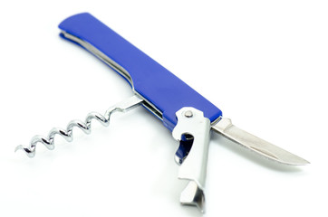 Blue multi-purpose tool with cockscrew and knife blade isolated