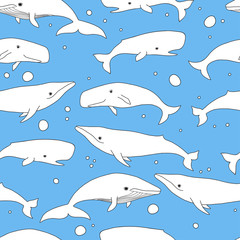 Cartoon vector sea whale and sperm whale seamless pattern. Vecto