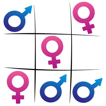 Gender fight - winning woman - female and male symbols playing tic tac toe.