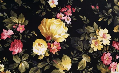 Foto auf Acrylglas Blumenladen Design mit gelber Pfingstrose und rosa Gänseblümchen auf schwarzem Stoff