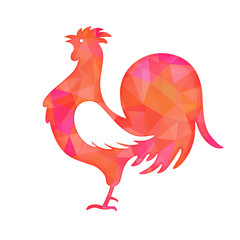 Bright red polygon illustration of a rooster isolated on white background. Happy Chinese New Year cards. Perfect for decoration designs festive banners, postcards, posters.