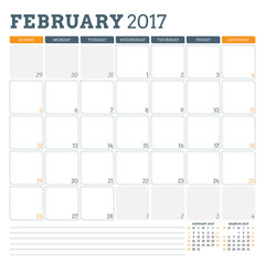 Calendar Planner Template for February 2017. Week Starts Sunday. 3 Months on Page. Place for Notes. Stationery Design. Vector Calendar Template