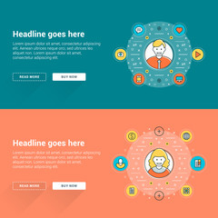 Set of flat line business website banner templates. Vector illustration. Business concept for website banners. Modern thin line stroke icons in circles