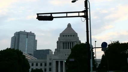 Japanese National Diet Building and cloudscape above.