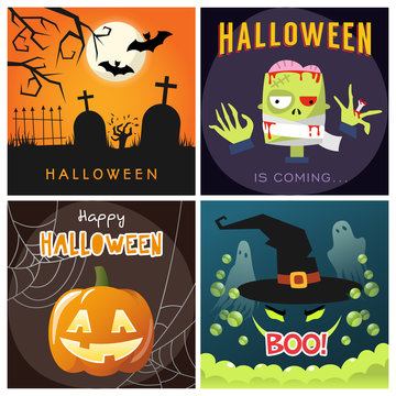 Set of Happy Halloween cartoon illustrations. Party posters or flyer design template. Vector illustration