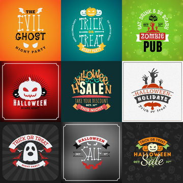 Set of Retro Happy Halloween Badges. Design Element for Greetings Card or Party Flyer. Vector Illustration. Halloween Posters Set.