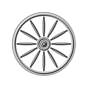 Old western wagon wheel. Black icon, logo element, vector illustration isolated on white background