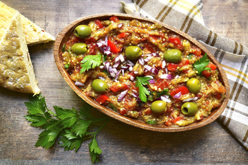 Rustic mediterranean eggplant salad.Top view.